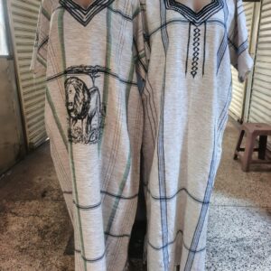 Striped Kaftan with Embroidered V-Neck (Lion Print / Diamond Embroidery)