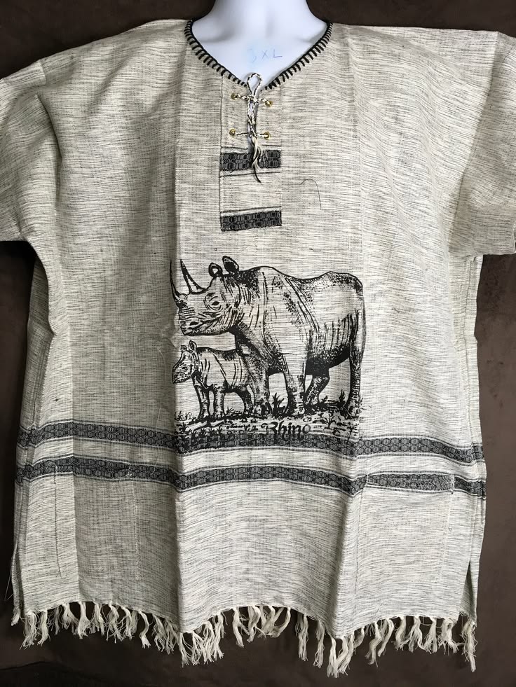 Rhino Print African Tunic Shirt | Handmade Fringe Top