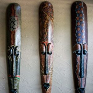 Handmade Long Wooden Wall Mask | Tribal Mask | African-Style Wall Hanging | Hand-Painted Dot Art Mask – Rustic Carved Décor