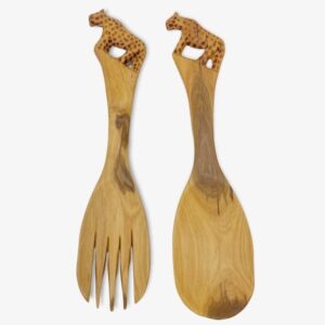 Hand-Carved Wooden Cheetah Salad Servers / Spoon & Fork Gift