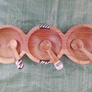 Wooden Triple Bowl with Spoons / 3 Round Condiment Server