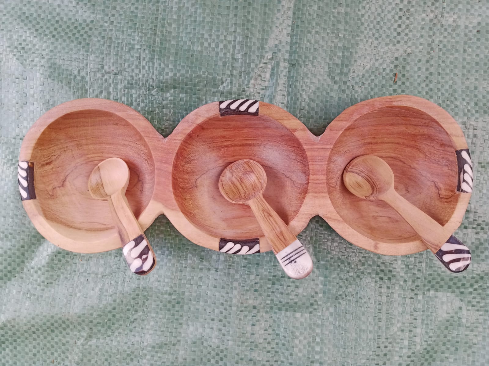 Wooden Triple Bowl with Spoons / 3 Round Condiment Server