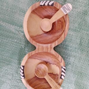 Store Wooden Double Bowl with Spoons / 2 Round Condiment Server