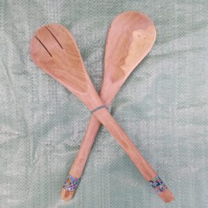 Wooden Beaded Salad Server Set / Pair of Spoon and Fork