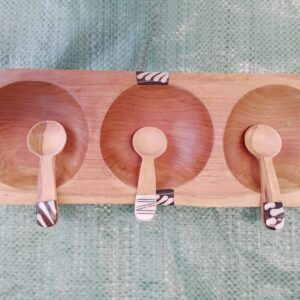 Wooden Triple Rectangular Bowl Set / Tray with 3 Spoons