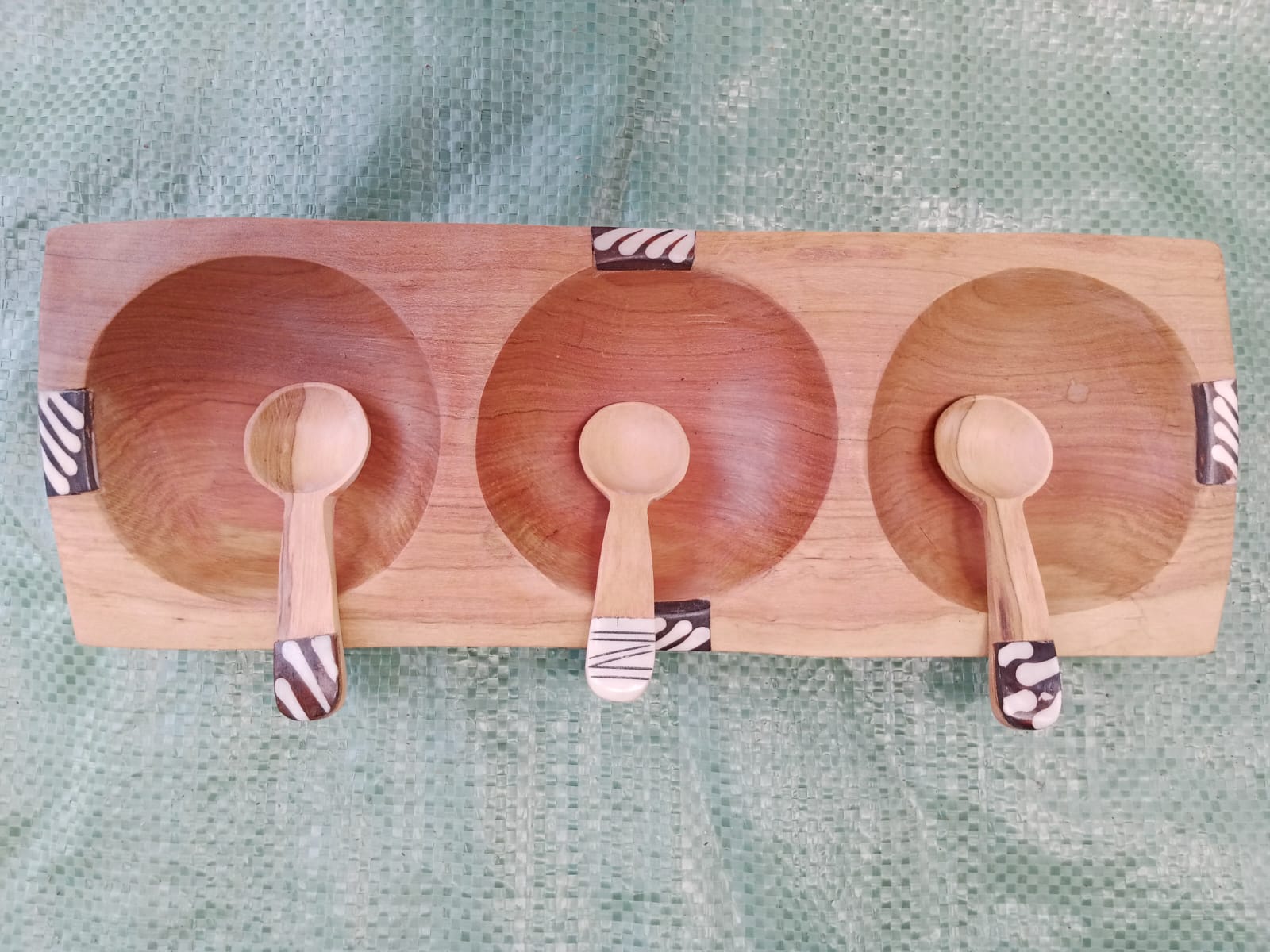 Wooden Triple Rectangular Bowl Set / Tray with 3 Spoons