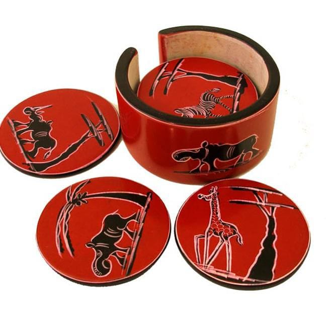 Kisii Soapstone Coaster Set / Animal Safari Coasters Holder