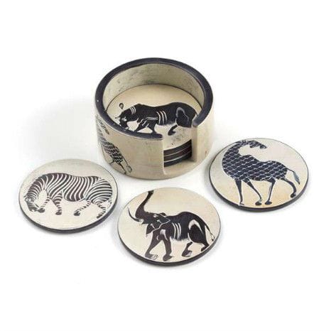 Kisii Soapstone Coaster Set / Animal Safari Coasters Holder