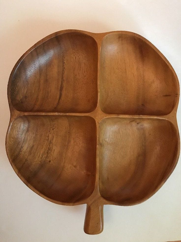 Wooden Leaf Serving Tray / Divided Hand Carved Snack Platter