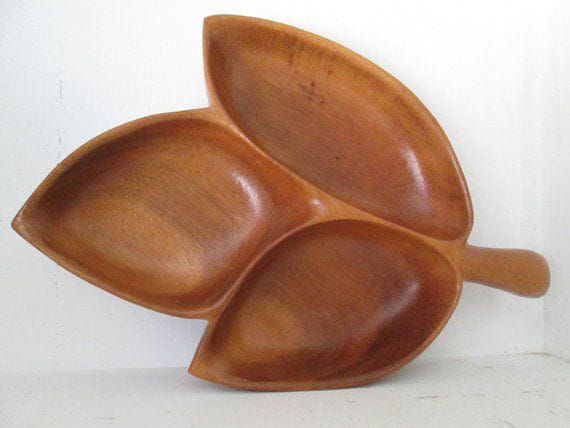 Wooden Leaf Serving Tray / Divided Hand Carved Snack Platter