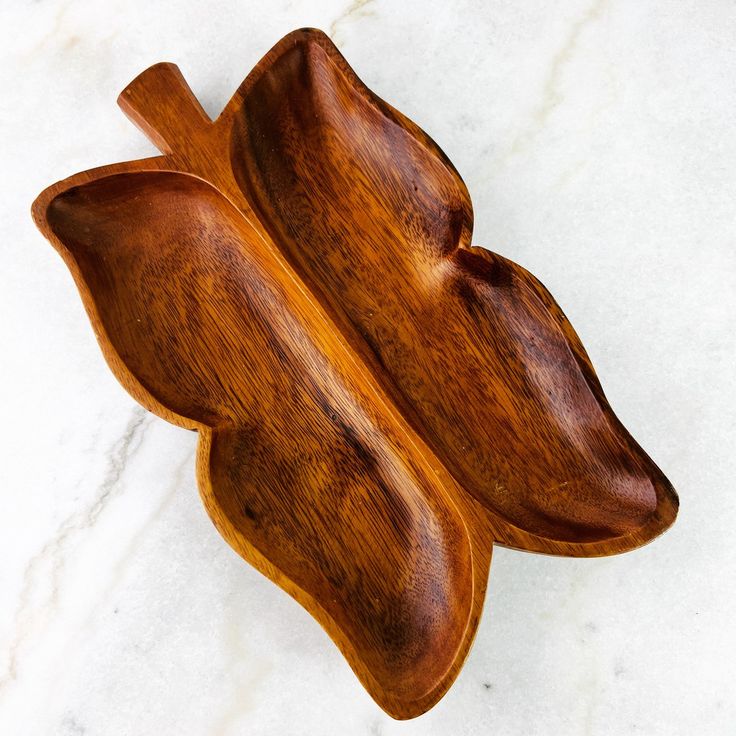 Wooden Leaf Serving Tray / Divided Hand Carved Snack Platter
