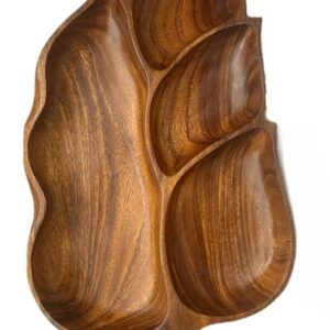Wooden Leaf Serving Tray / Divided Hand Carved Snack Platter