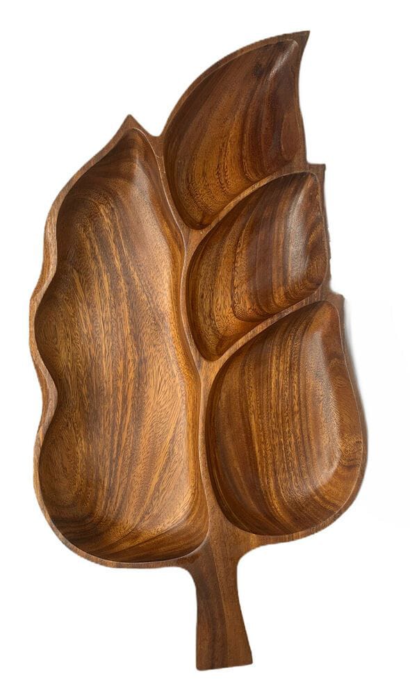 Wooden Leaf Serving Tray / Divided Hand Carved Snack Platter